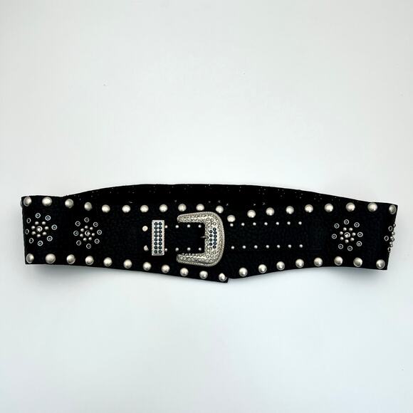 Vintage Leatherock Wide Hip Belt L Black Leather Rhinestone Studded Y2K Rockstar main image 5